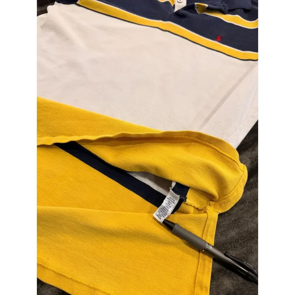 Vintage Polo Ralph Lauren Rugby Shirt L Navy Yellow White Stripe Red Pony